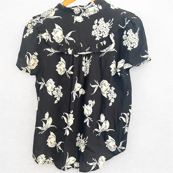 Maeve by Anthropologie • Black Floral Adagio Ruffle Button Top Tie Neck Sz Small - Picture 5 of 10